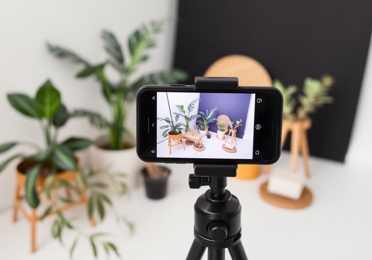 Smartphone on a tripod filming a still life of plants and design objects